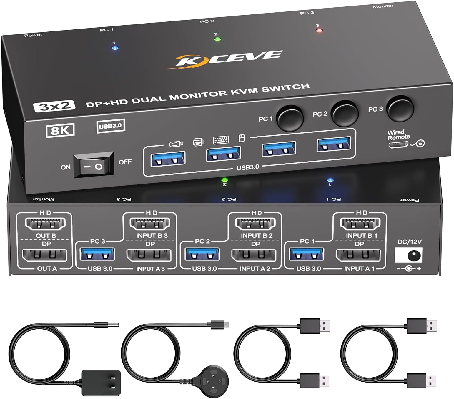 HDMI Dispalyport KVM Switch 2 Monitors 3 Computers 8K@60Hz/4K144Hz, USB3.0 Dual Monitor KVM Switches for 3 PC Share 4 USB 3.0 Ports and 2 Screens, with 3 USB Cables and Wired Remote