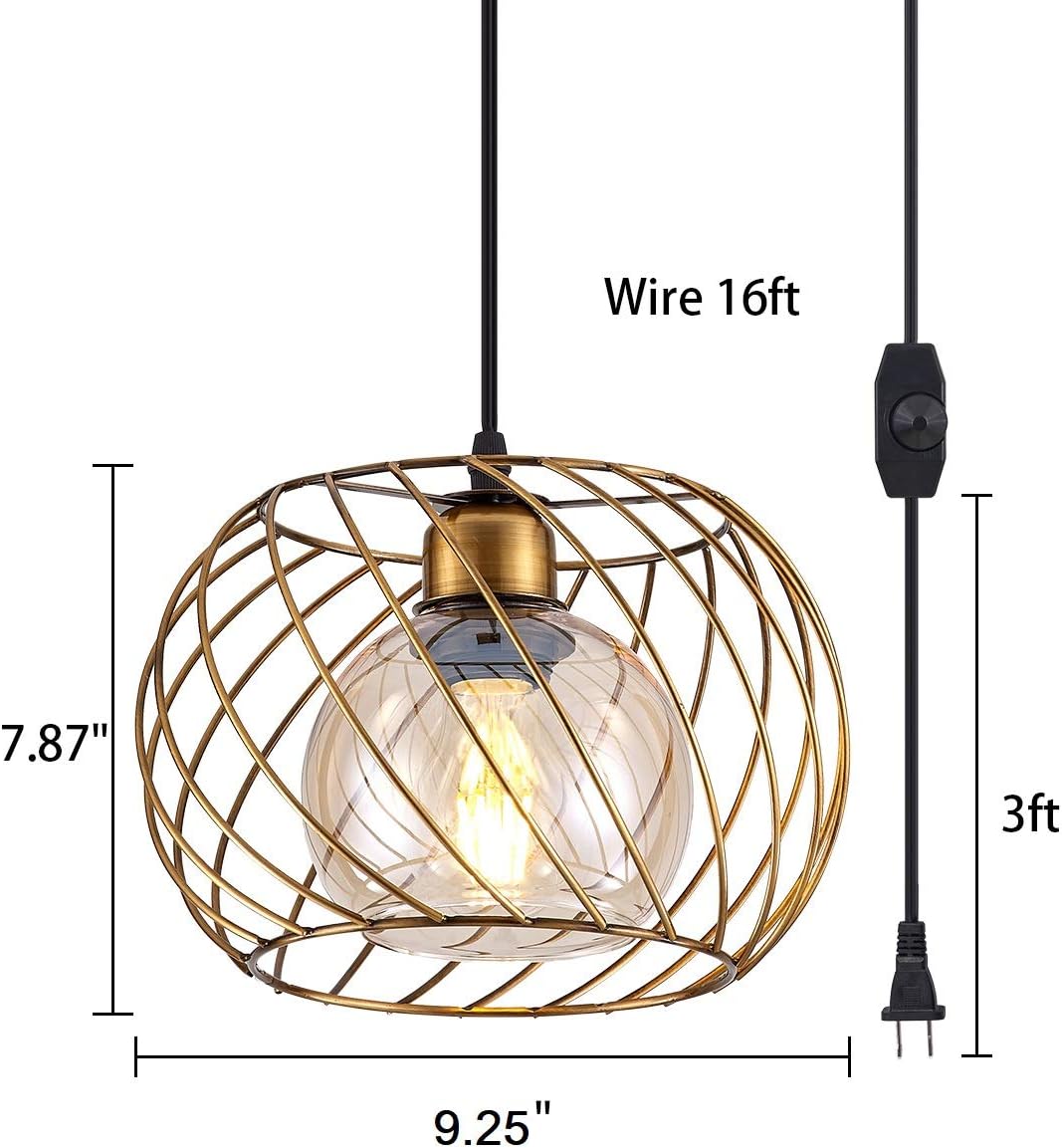 One-Day Sale: Up to 80% Off YLONG-ZS Hanging Lamps Swag Lights Plug in Pendant Light with On/Off Switch Wire Caged Hanging Pendant Lamp,Bronze Finish with Amber Glass Inner Shade