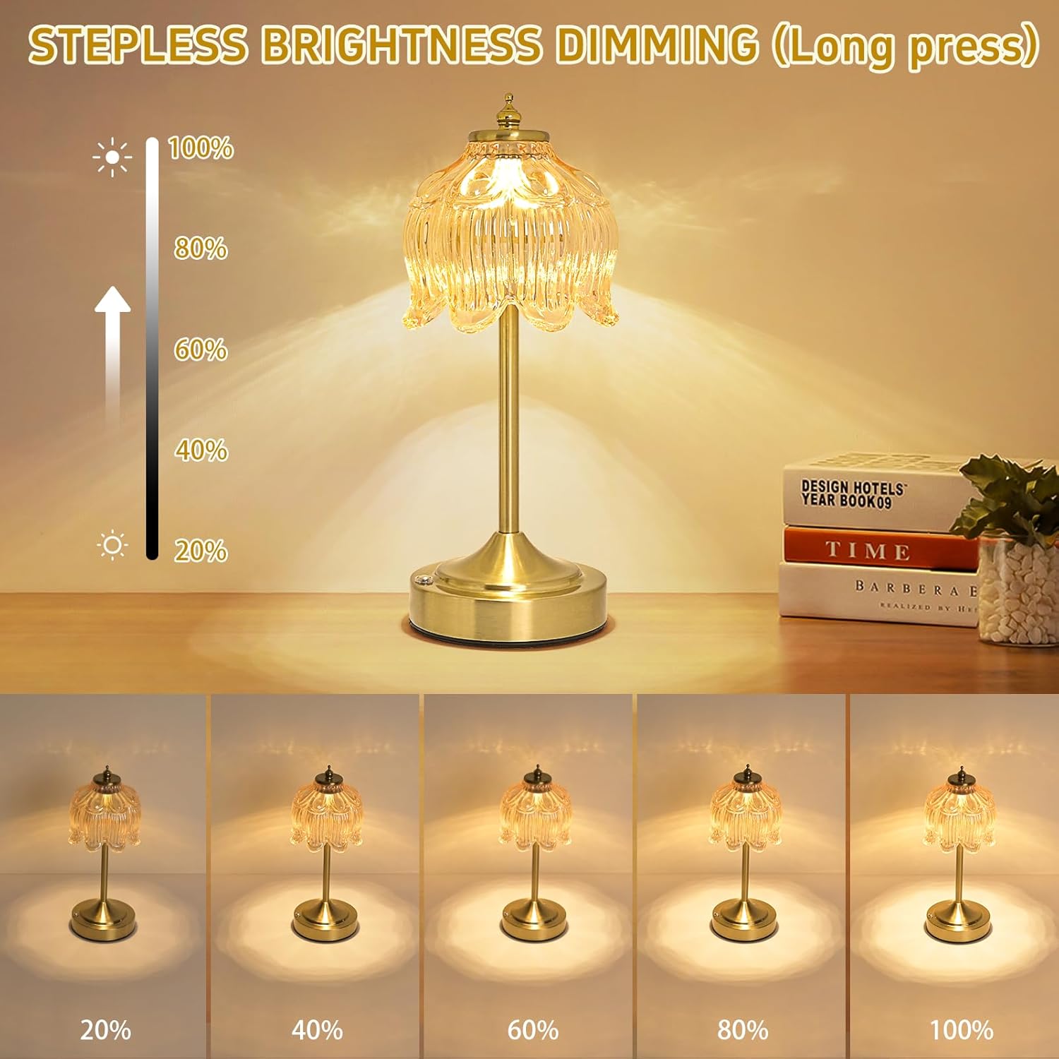 Cordless Lotus Flower Table Lamp, 5200mAh Rechargeable Battery Operated Portable Lamp, 3-Color Dimmable Touch Control Small Desk Lamp for Bedroom, Office, Kitchen, Nightstand,Room Decor (Flower Amber)
