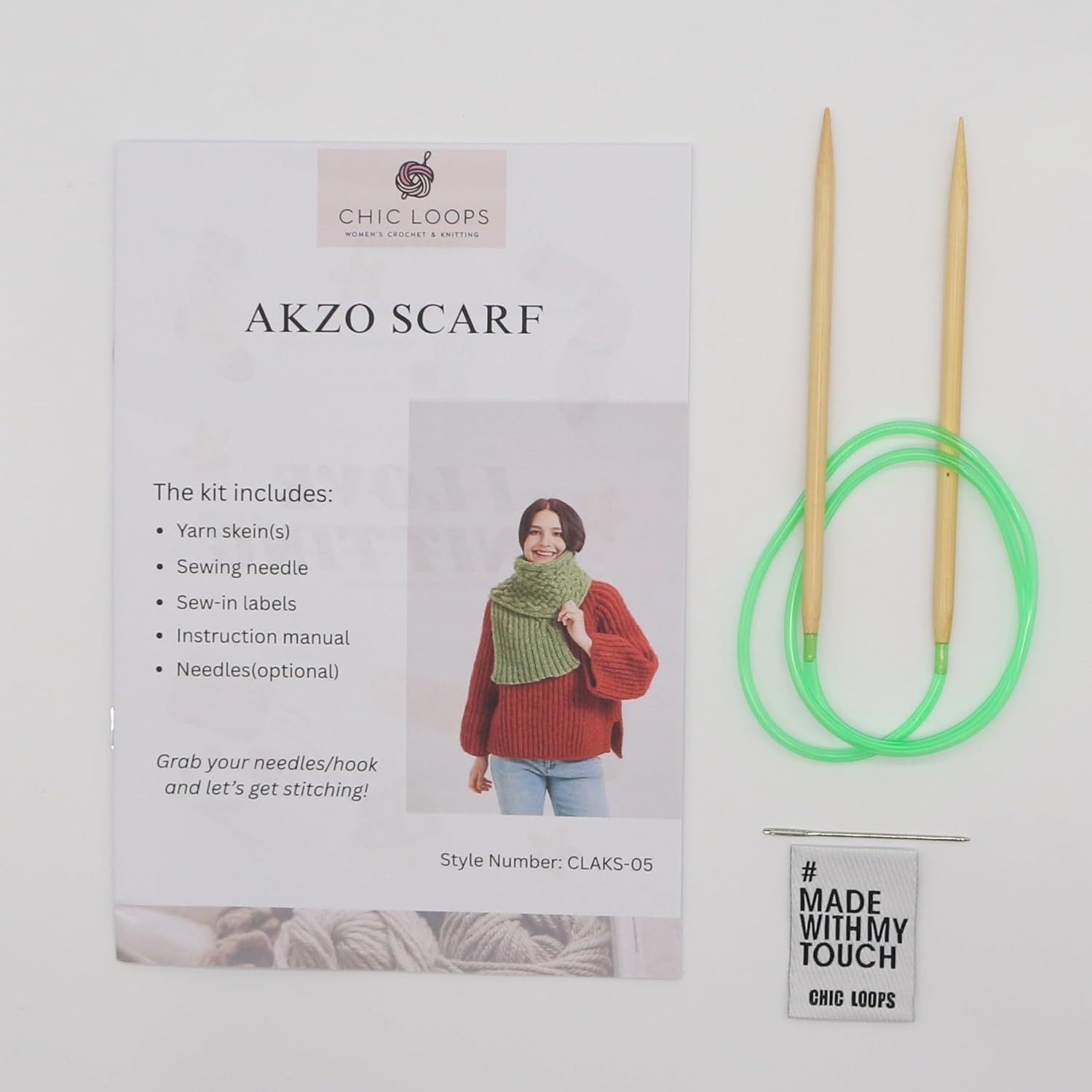 Chic Loops Knitting Kit for Beginners, Knitted Knit Wrap Beginner Crochet Kit for Adults, Crochet Warm Knit Wraps Akzo Scarf for Women Keeping Warm with Instruction(Moss)