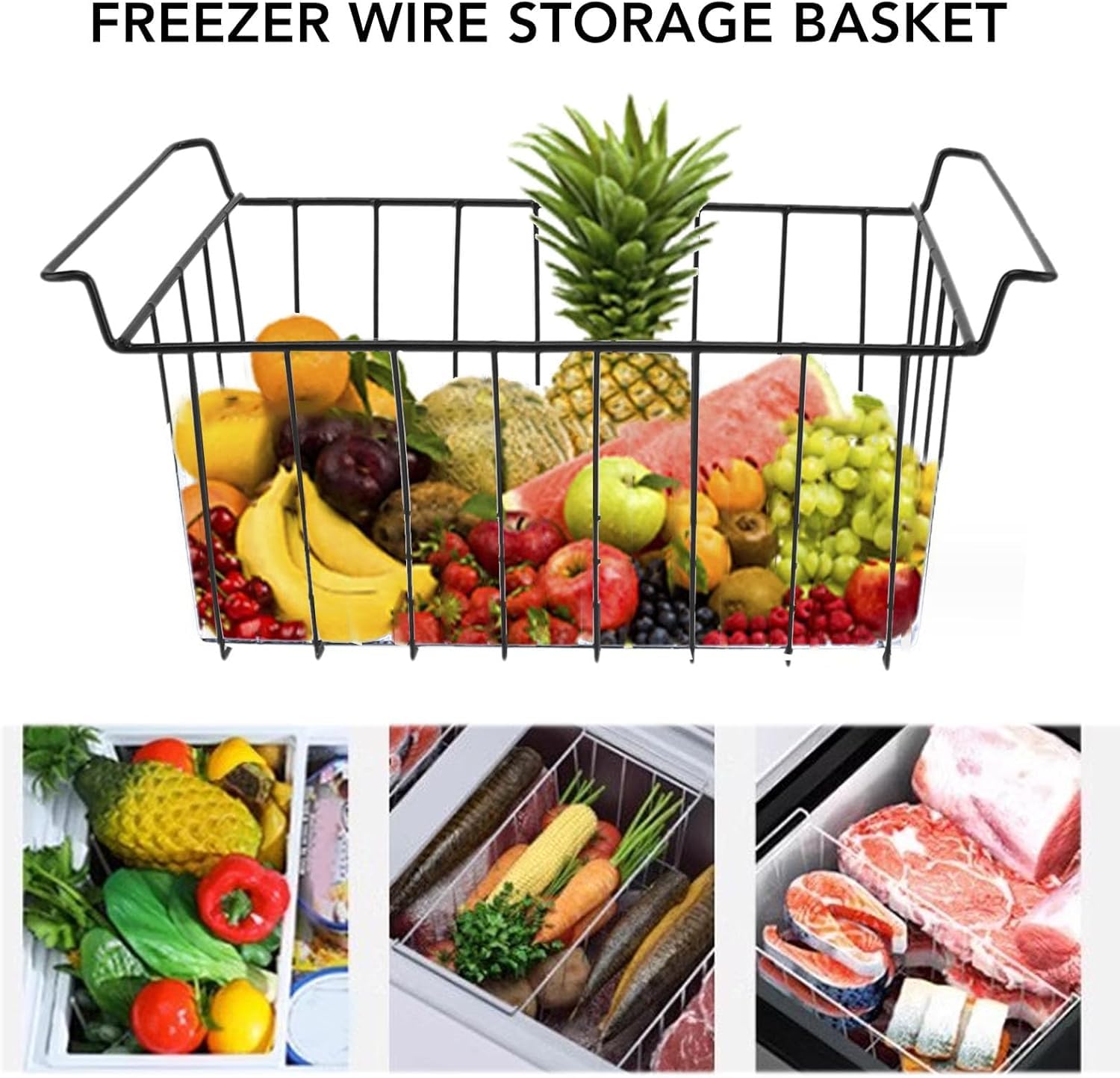 2 Stück Gefrierschrank-Draht-Aufbewahrungskorb, PE-beschichtetes Hängeregal, Organizer-Behälter, Schwarz für Kühlschrankregale (L 45cm X W 24.5cm X H 20cm)