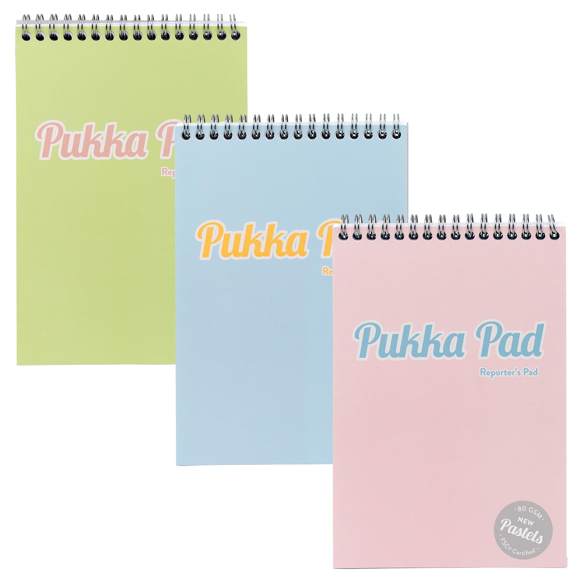 Pukka Pad Pastel Reporter’s Pad – Pack of 3 Twin Wire Head Bound Notebooks with 160 Pages, 80 Sheets of 8mm Feint Ruled 80GSM Paper, Perforated Margins, and Personal Detail Page – Pink, Blue, & Green