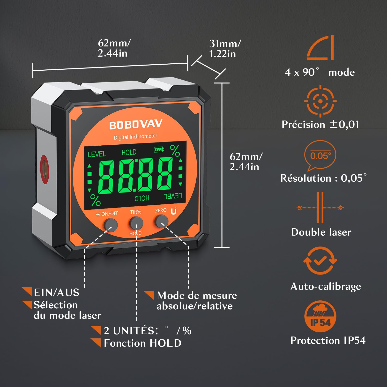 4 * 90°Inclinomètre Numérique Rechargeable avec 2 Laser,0.05°Rapporteur d'Angle Digital 4 Faces Magnétiques,Niveau Électronique Étanche IP54 avec LCD VA,pour Menuiserie,Charpente & Bricolage
