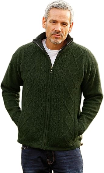Mens Irish Wool Sweater, Full Zip, Front Pockets, Lined Interior, Gray
