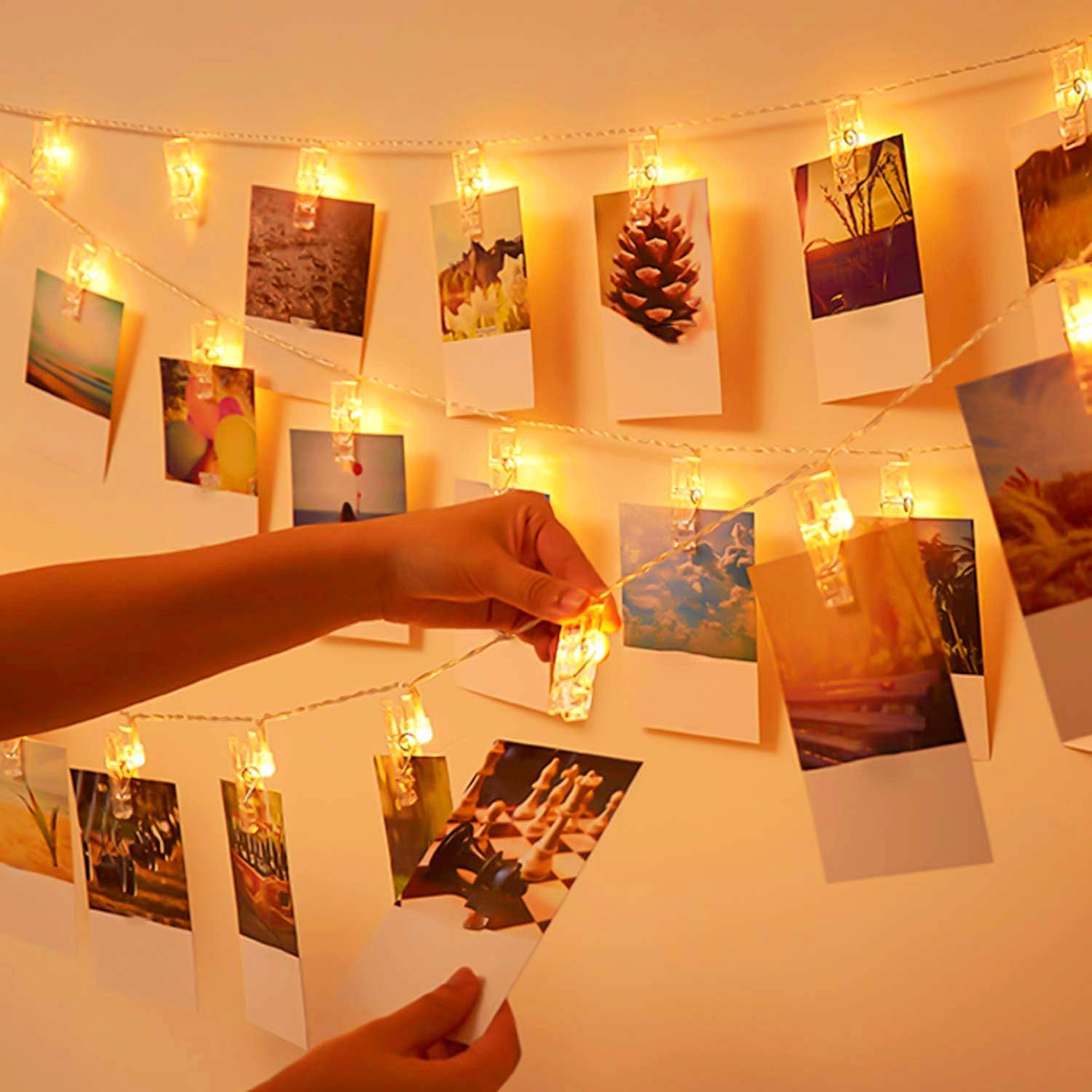 24.6FT 50 Christmas LEDs Photo Clips String Lights with Remote，USB Operated Fairy Twinkle Lights with Clips , 8 Modes Photo String Lights with Clips for Party Bedroom Home Decoration.(Warm White)