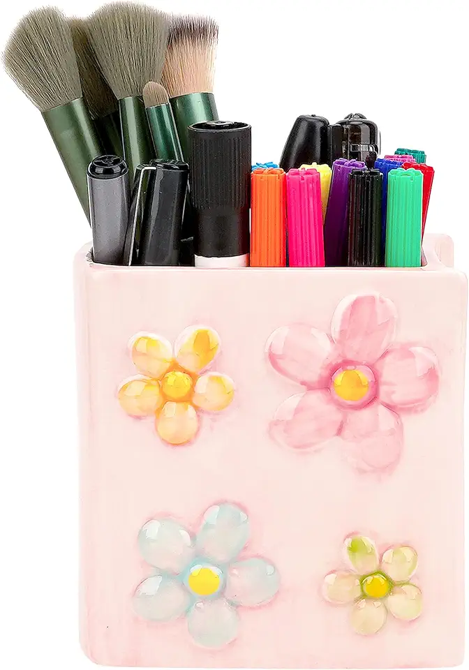 Porta-lápis de cerâmica floral – Organizador de mesa de pétalas em relevo para pincéis de maquiagem, canetas e artigos de papelaria, penteadeira fofa e decoração de escritório para mulheres