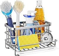 HapiRm SUS304 Stainless Steel Kitchen Sink Caddy Organizer - Rustproof Multifunctional Sponge Holder with Drain Tray, Silver