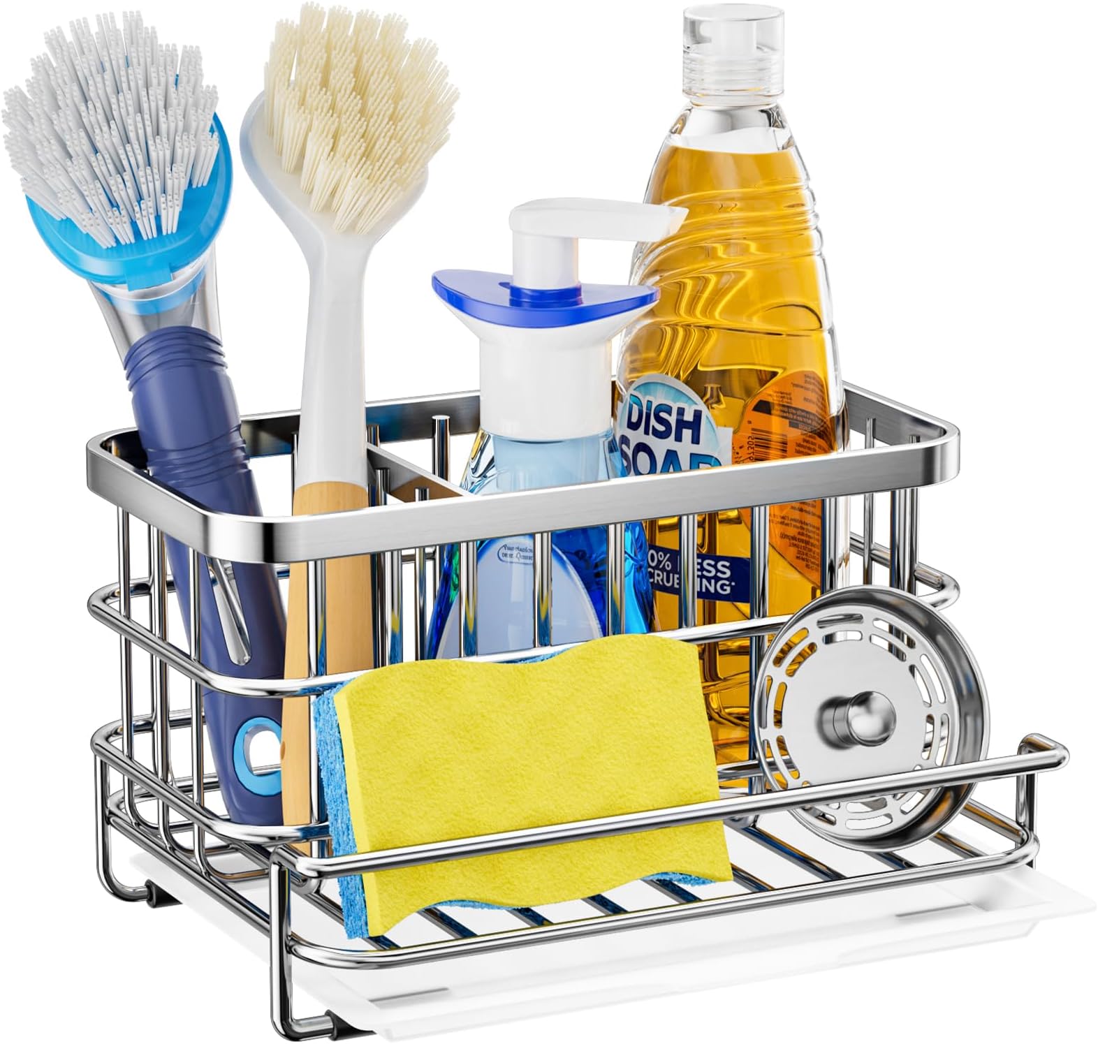 Kitchen Sink Organizer, SUS304 Stainless Steel Rustproof Multifunctional Large Sink Caddy with Sponge Holder and Drain Tray for Kitchen Countertop (Silver)