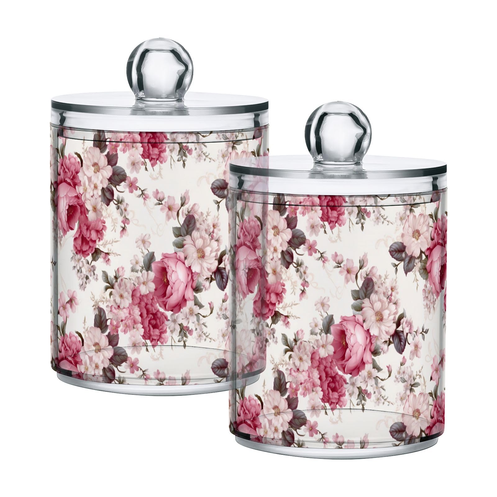CHIFIGNO 4 Pack Vintage Pink Flowers Qtip Dispenser 10 Oz Apothecary Jars with Lids Bathroom Containers for Cotton Pads, Cotton Ball, Cotton Swabs, Floss Picks