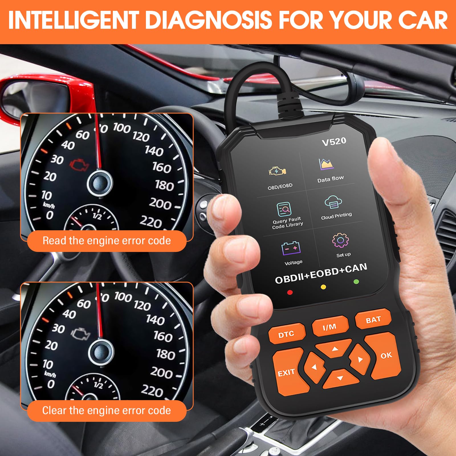 OBD2 Diagnosis Coche, OBD Scanner, Herramienta de Diagnóstico del Sistema del Motor, Sistema de Sensores O2, Prueba EVAP, LCD Mostrar, Admite 10 Idiomas Incluido el Español