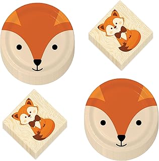 HOME & HOOPLA Fox Party Supplies - Woodland Fox Round Paper Dessert Plates and Beverage Napkins (Serves 16)