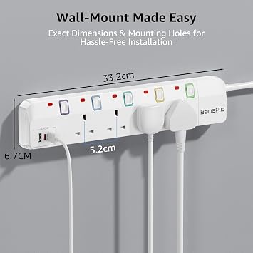 Extension Lead with USB Slots, Plug Extension Socket with Individual Switches, 4 Way Extension Lead with with 1 PD20W USB C and 2 USB A, 1.5M Power Cord with 13A Fused Protection for Home