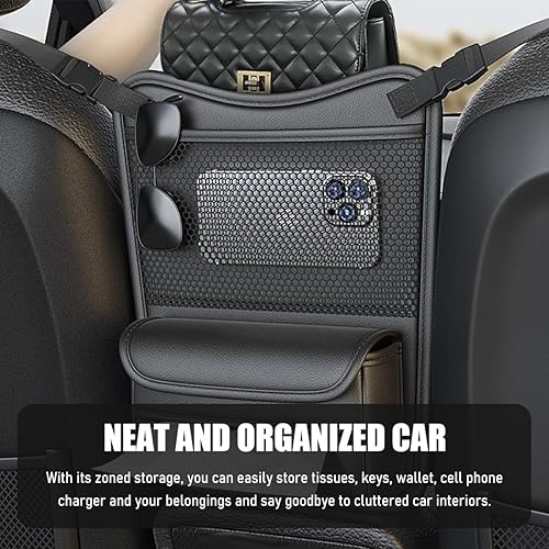 Miniatura 3 de Organizador de coche de almacenamiento entre asientos, bolsa de almacenamiento de cuero de napa para asiento delantero con soporte para pañuelos,