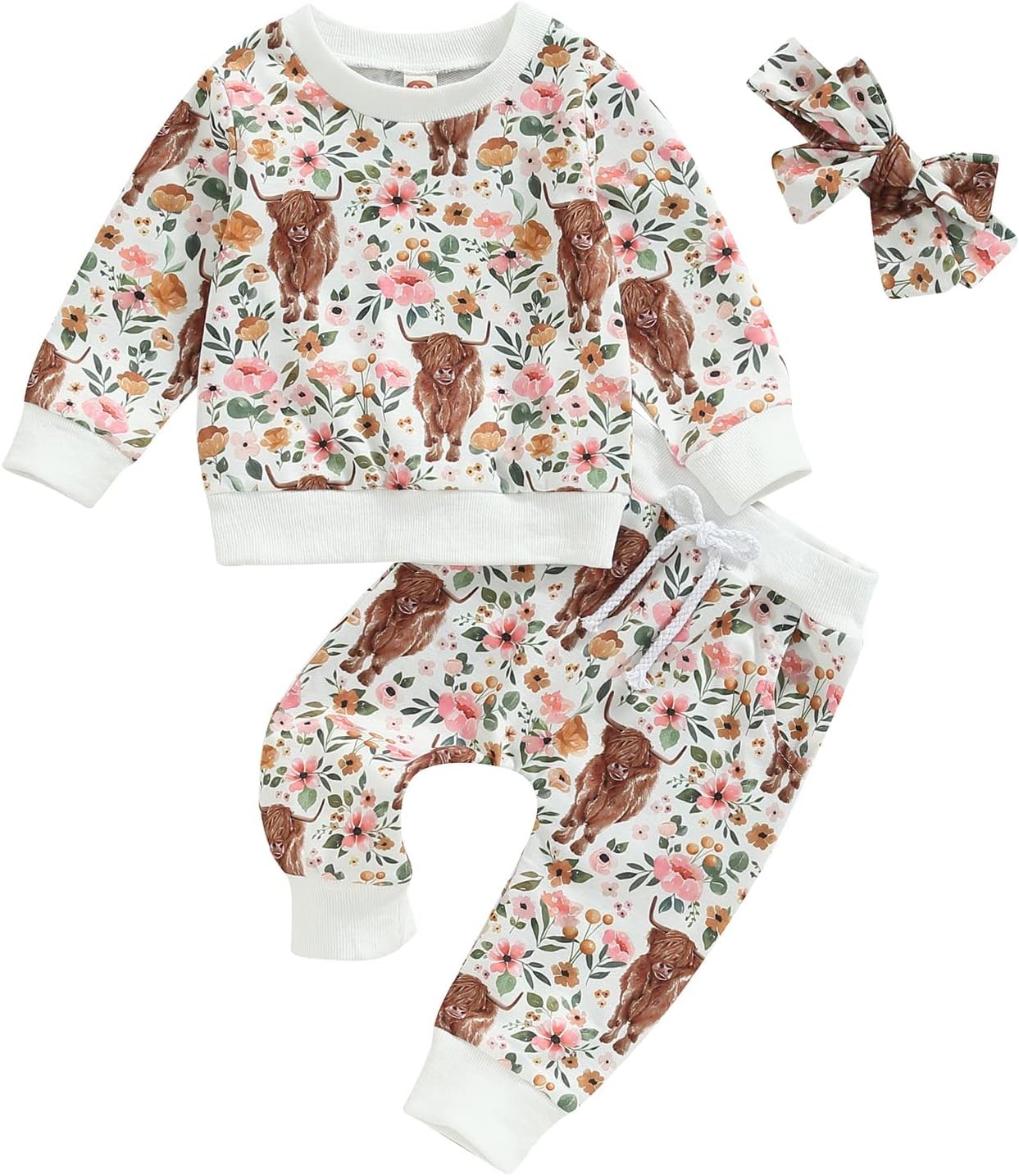 KaruedooWestern Baby Girl Clothes Cow Print Sweatshirt Top Pants Headband Set 3Pcs Toddler Western Cowgirl Outfit