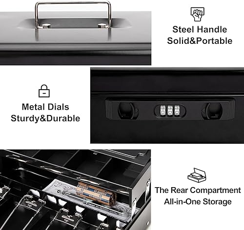 Miniatura 6 de Jssmst Caja de efectivo con tapa deslizante para monedas y cerradura de combinación de pestillo a presión, caja de dinero portátil con bandeja de