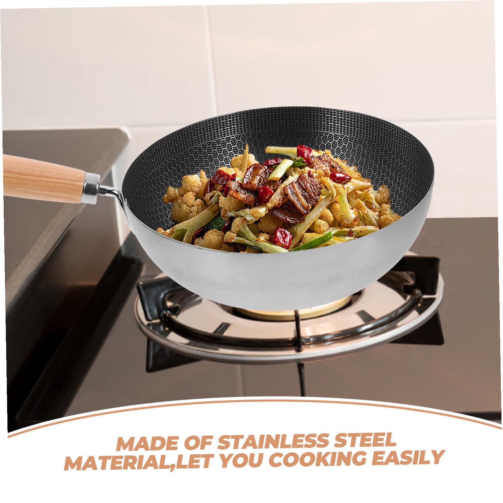 Wok Chinois 22 Cm Acier Inoxydable sans Revêtement Nid D'abeille Compatible Induction Cuisson Gaz Électrique Ustensile la Cuisine Professionnel
