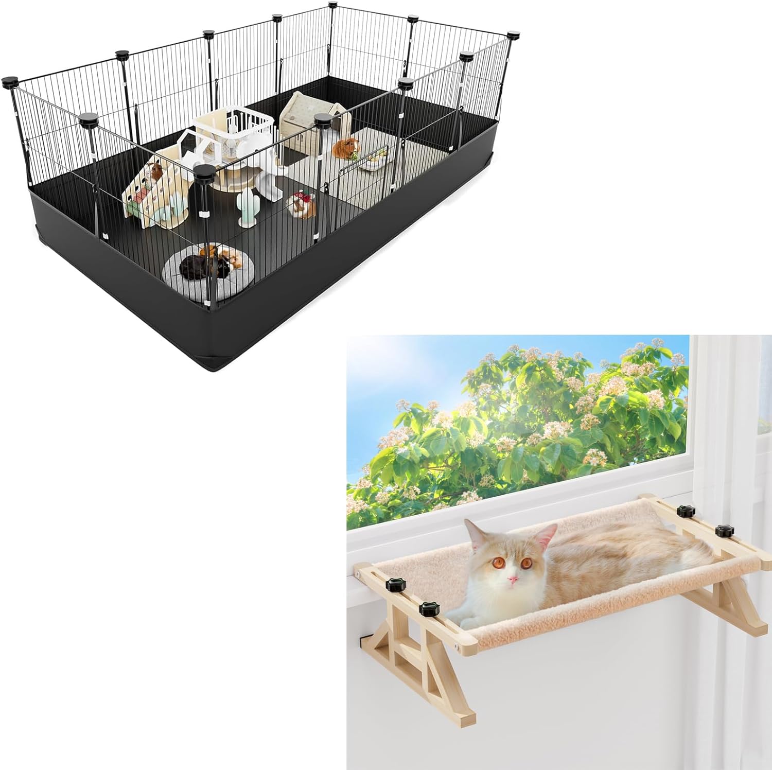 Tresbro 2-in-1 Cat Window Perch & Elevated Cat Hammock & Tresbro Guinea Pig Cage with Waterproof PVC Bottom Liner