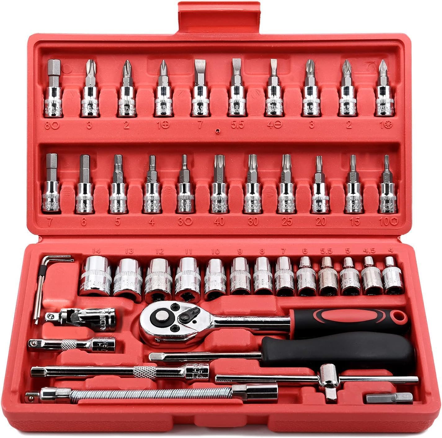 46-Piece 1/4 Inch Drive Socket Wrench Set with Ratchet Handle, Metric Bit Sockets, Extension Bar & Adapter, Portable Mechanics Tool Kit for Auto Repair, Home Maintenance & DIY