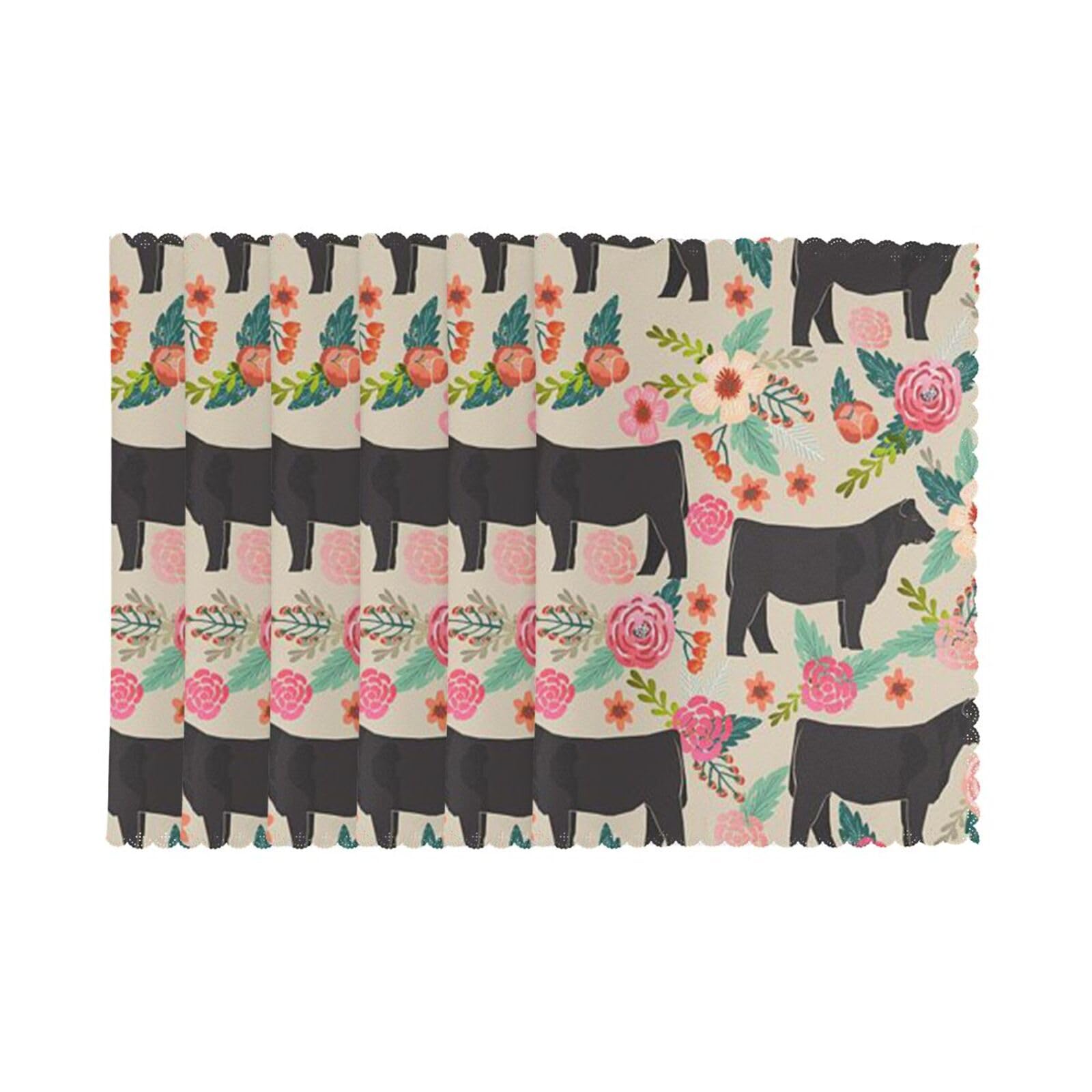 6 PCS Heat Resistant Placemat 45x30 CM, Pink Flower Show Steer Cows Cattle Printed Non-Slip Place Mats for Kitchen Dining Table Indoor Outdoor
