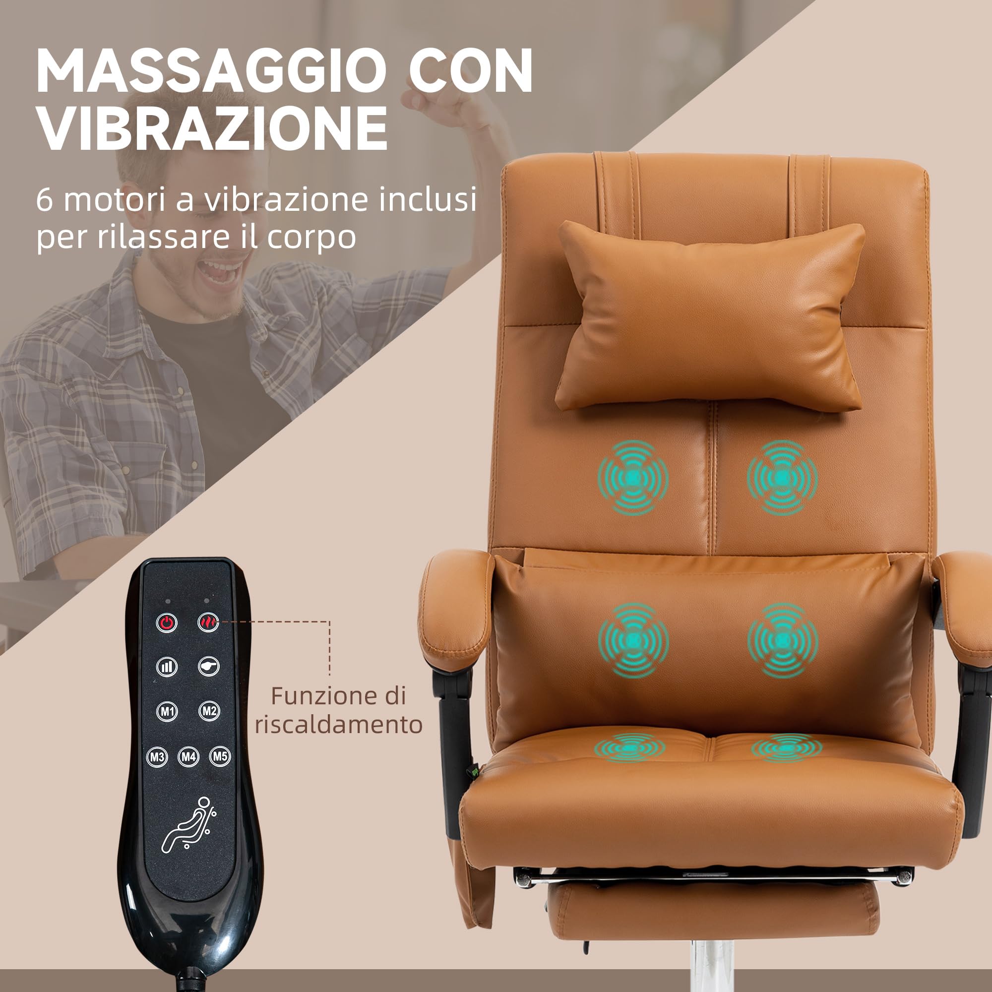 Vinsetto Silla de Oficina Ergonómica con Masaje y Calefacción, Silla de Escritorio Reclinable de Altura Ajustable con Respaldo Alto y Reposapiés, Cuero de PU para Ordenadores, Marrón Claro