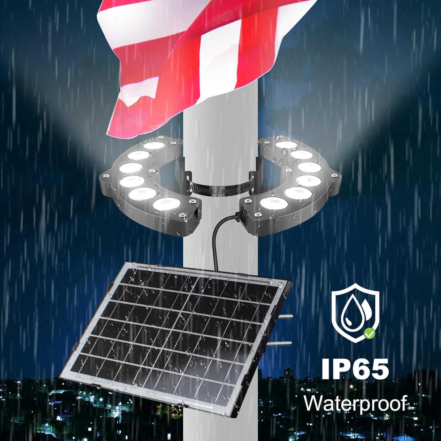 Flag Pole Light Solar Powered 6000K Brightest Solar Flag Pole Light Outdoor Waterproof LED 12000mAh Battery Dusk to Dawn Work 16+ Hours Ring Solar Lights Fits 2-6 in Diameter Flagpoles
