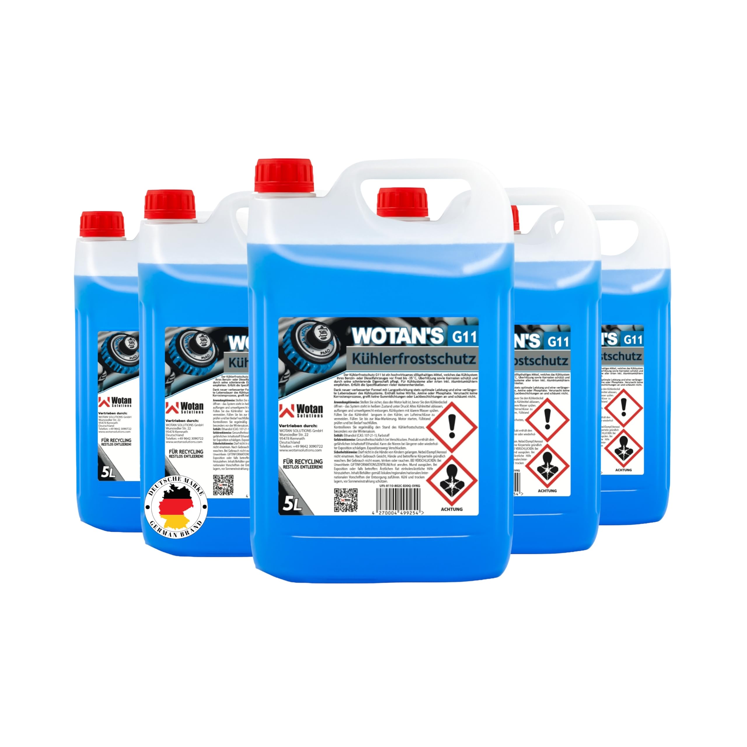 Wotan's 25L Kühlerfrostschutz G11 Gebrauchsfertig bis -35°C - Silikathaltiges Kühlmittel - Blau - Für Benzin & Diesel - Aluminiumverträglich (5x5L)
