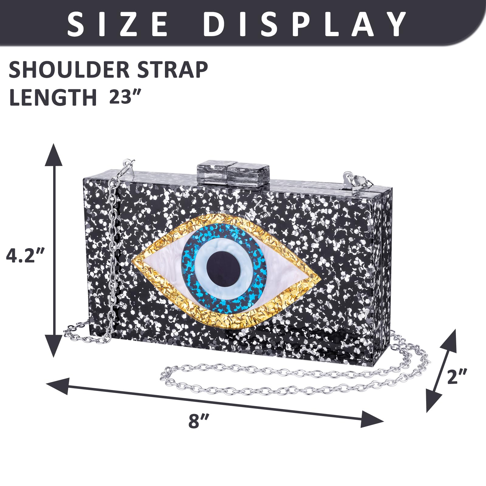 QTKJ Clutch Purses for Women, Acrylic Blue Evil Eye Evening Bag, Crossbody Bag for Wedding Party(Black Sequins)