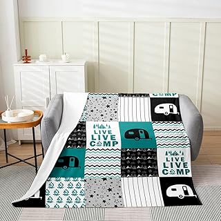 jejeloiu Camper Flannel Fleece Throw Blanket for Bed Sofa Couch,Kids Camping Theme Fuzzy Blanket,All Season Camping Travel Car Pattern Green Bed Blanket Room Decor Plush Blanket 40