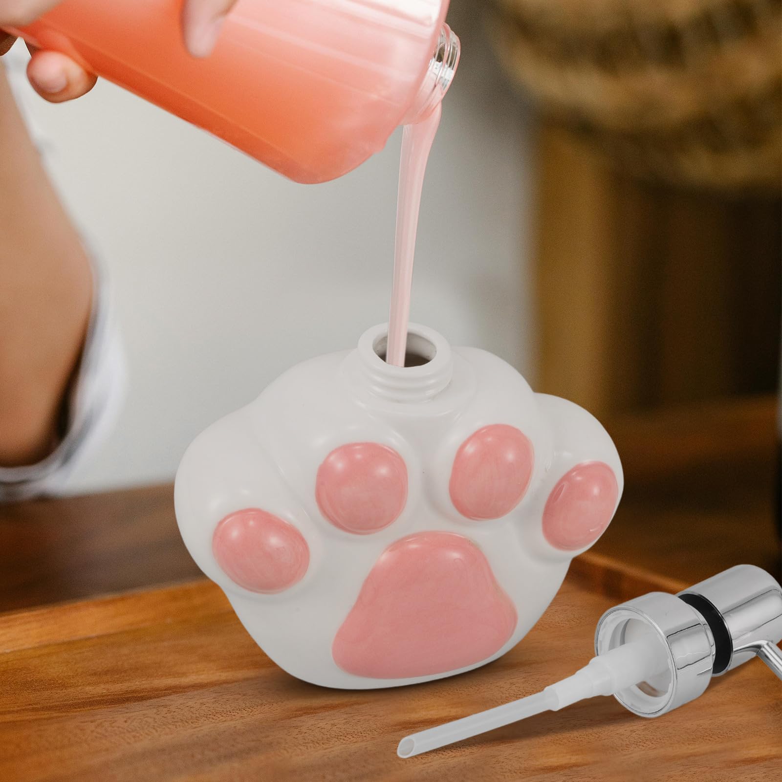 Sosoport Dispenser di Sapone da Cucina e Bagno in Ceramica a Forma di Zampa di Gatto 370 Ml, Flacone Erogatore Anti-perdita Versatile per Lozione, Bagnoschiuma e Sapone Mani, Compatto