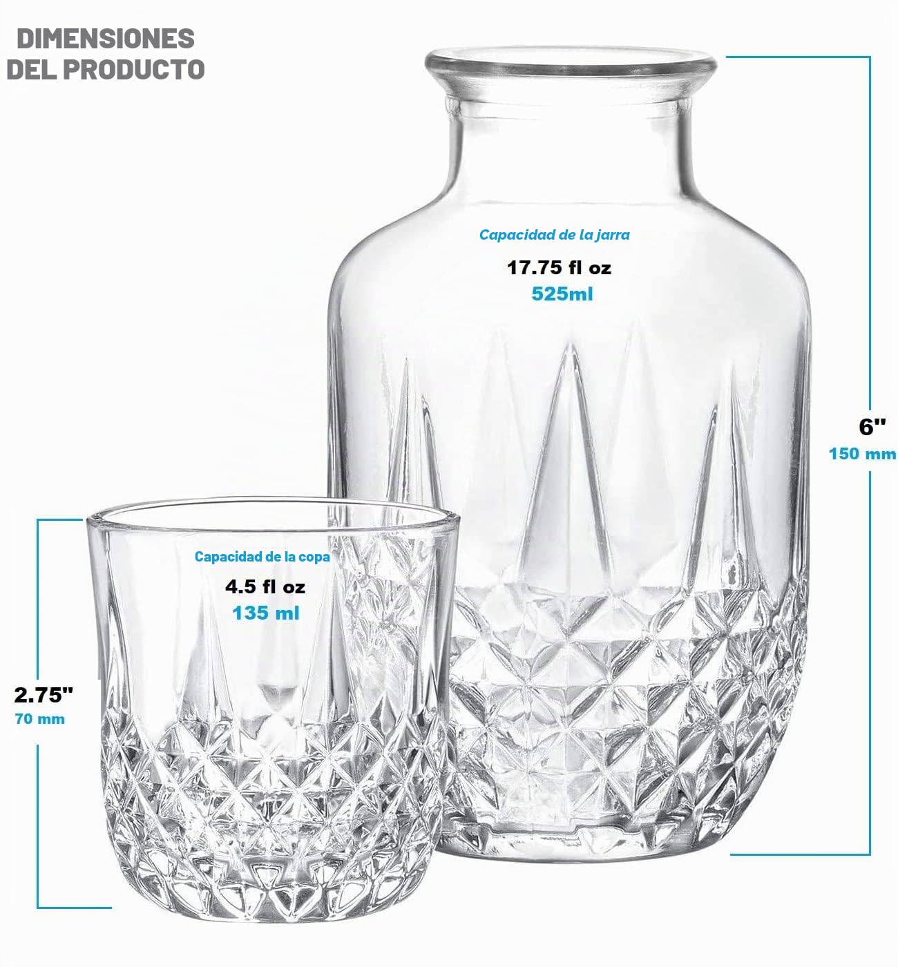 Audrey - Juego de jarra y vaso de cristal para mesita de noche, jarra y vaso de cristal, juego de 2 jarras de agua y taza de noche (525 ml)