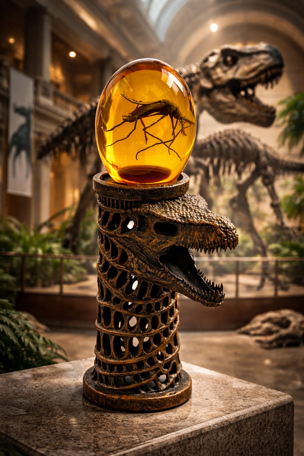 VEOJEIN Zanzara 3D in ambra e torre fossile giurassica - Statua in resina fossile di dinosauro, collezione preistorica, decorazione unica, fermacarte, display di insetti antichi in ambra, regalo per