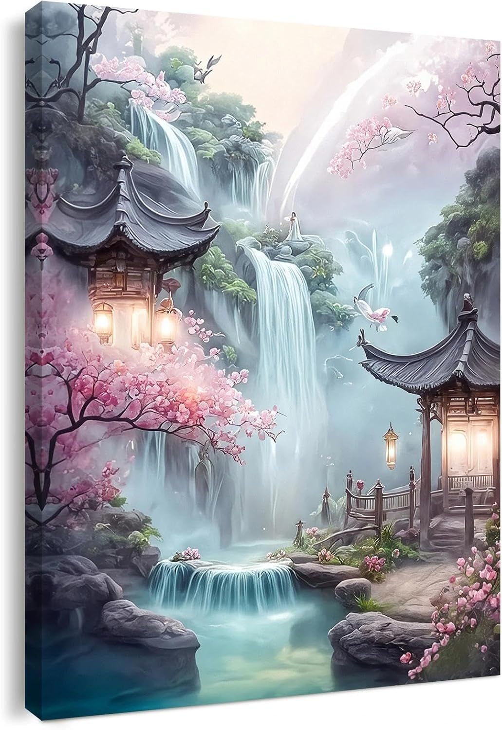 Canvas Wall Art Framed – Asian Waterfall Garden Artwork with Cherry Blossom Fantasy Landscape Wall Decor for Living Room Bedroom Hallway or Entryway Home Decoration, with Hooks and Nails 16 x 20 inch