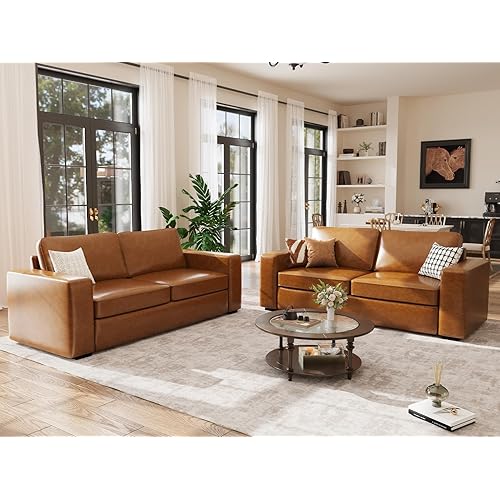 ABCASA Loveseat Set of 2,Living Room Furniture Set,Oversized Faxu Leather Sofa,Upholstered 3 Seater Sofa with Deep Seats,Detachable Sofa Cover,Modern Couches for Small Place,Apartment,Lounge,Brown