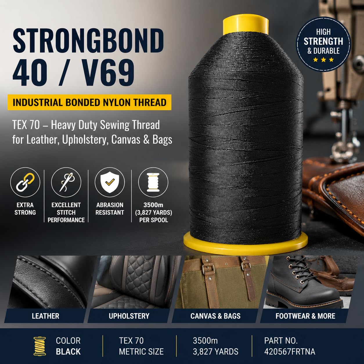 Amann Strongbond 40 / V69 Industrie-Nylon-Bondgarn, TEX 70, 3500 m, strapazierfähiges Nähgarn für Leder, Polster und Taschen, 3,827 m, Schwarz, 4206177F2DL