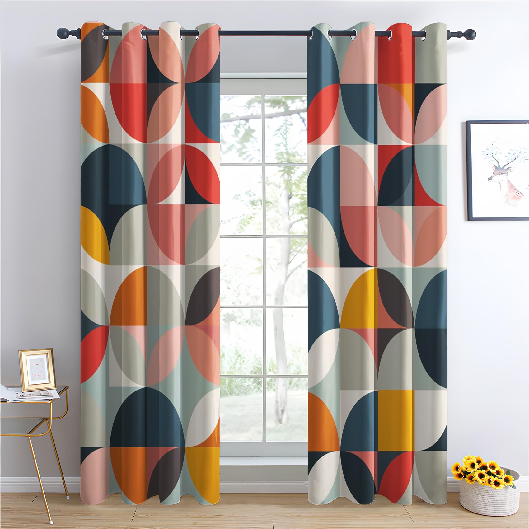 Geometrisch Vorhänge Retro Mid Century Modern Abstrakt Vorhang Blickdicht Gardinen 245 cm Lang Verdunklungsvorhänge mit Ösen Thermovorhang für Wohnzimmer Schlafzimmer Fenster Deko 2er Set