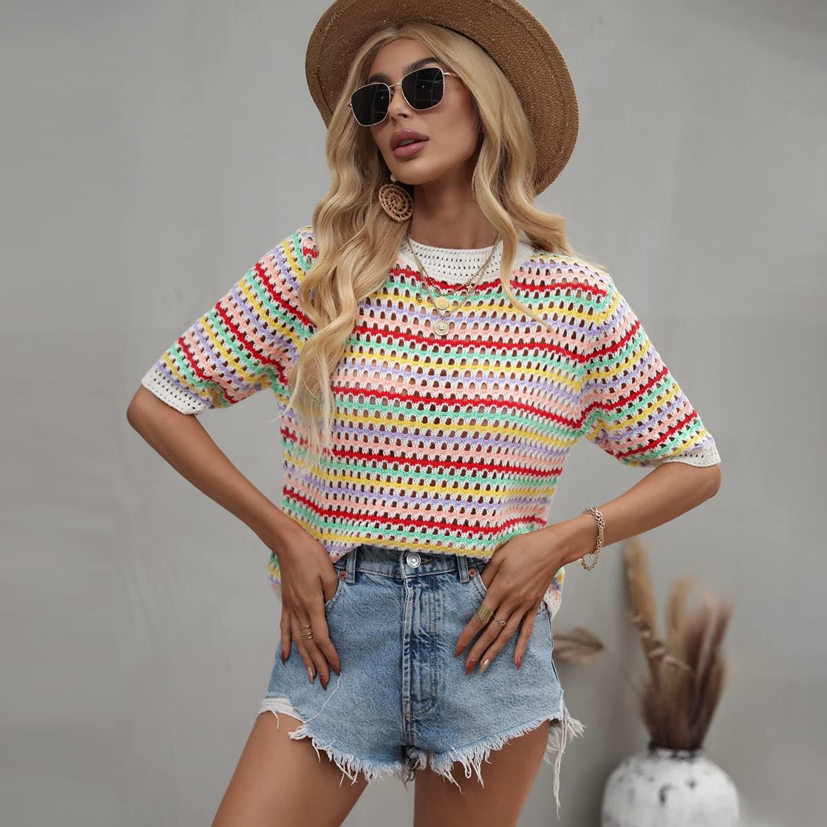 RanRui Solid Color Knitwear Hollow Knitting Loose Foreign Trade Crew-Neck Striped Knitwear for Women