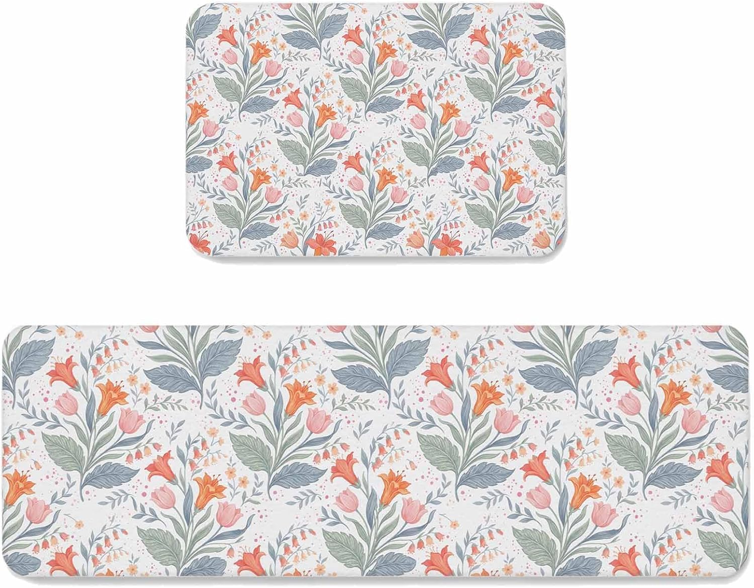 Prime Leader Blue Flower Birds Kitchen Mat Set 2 Pieces Country Vintage Yellow Floral Blue Branch Leaf Non Slip Kitchen Rugs Washable Runner Rug Mats for Sink Laundry (19.7" x 31.5"+19.7" x 63")