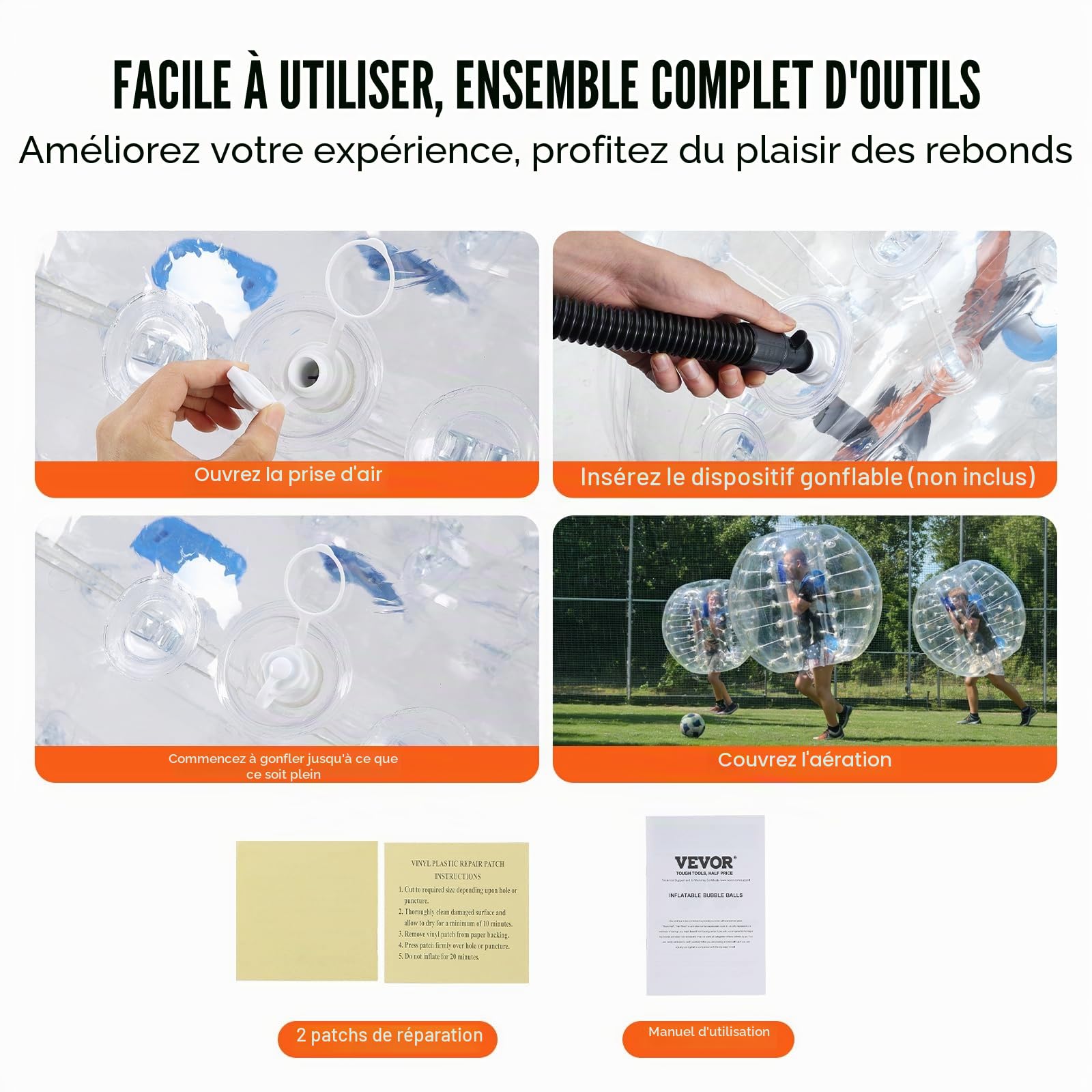 VEVOR Bulle Gonflable Transparente de 1,2 m 2PCs pour Adolescents et Adultes Balle Pare Chocs à Bulles en PVC pour Hamster Humain 0,8 mm d'Épaisseur pour Jeux d'Équipe en Plein Air Jouets Pare-Chocs
