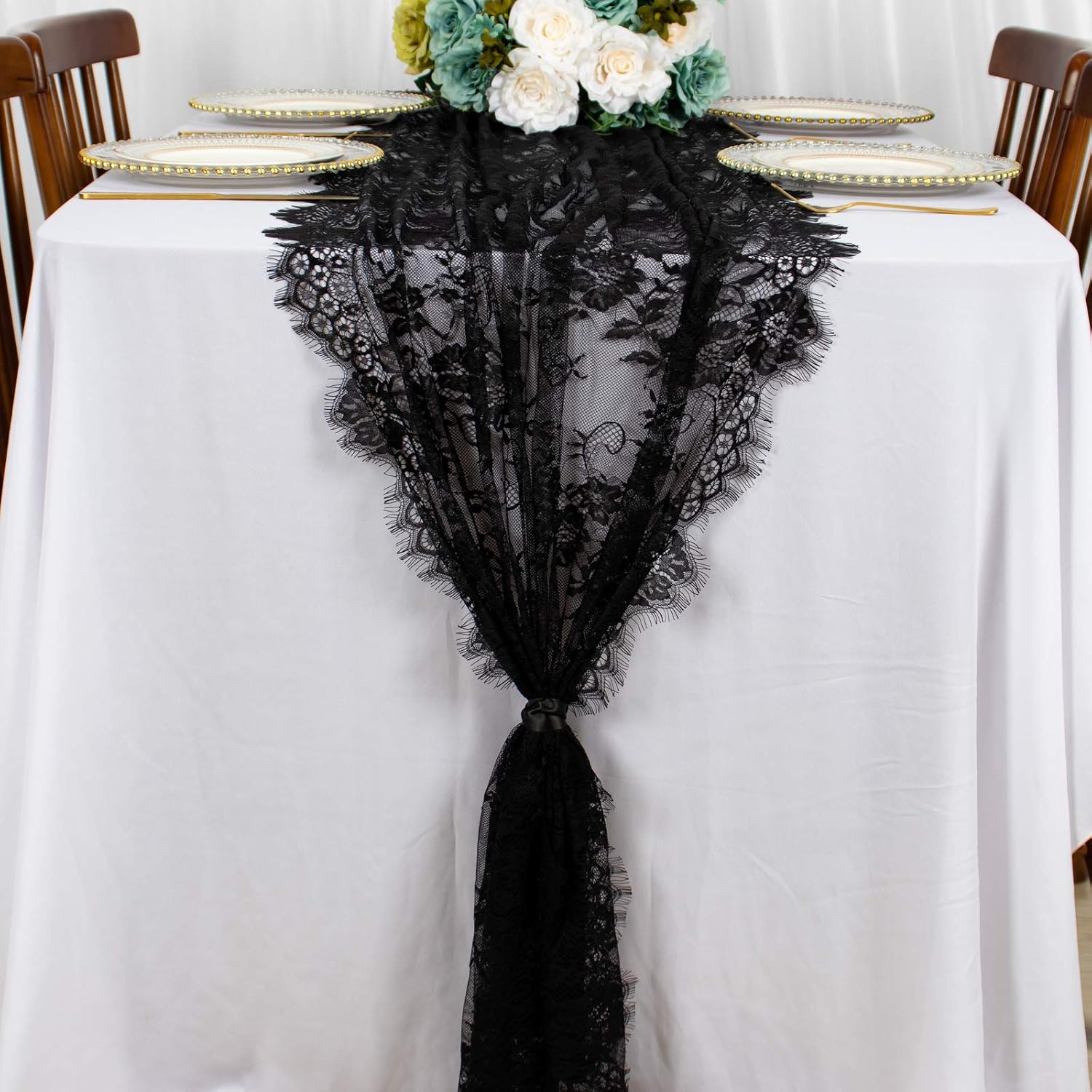 Lace Table Runner Black 30x120 Inch Vintage Floral Lace Table Cloth Runner Embroidered Lace Fabric Black Table Runners for Weddings Thanksgiving Table Runner Lace Table Linen Rustic Party Table Decor