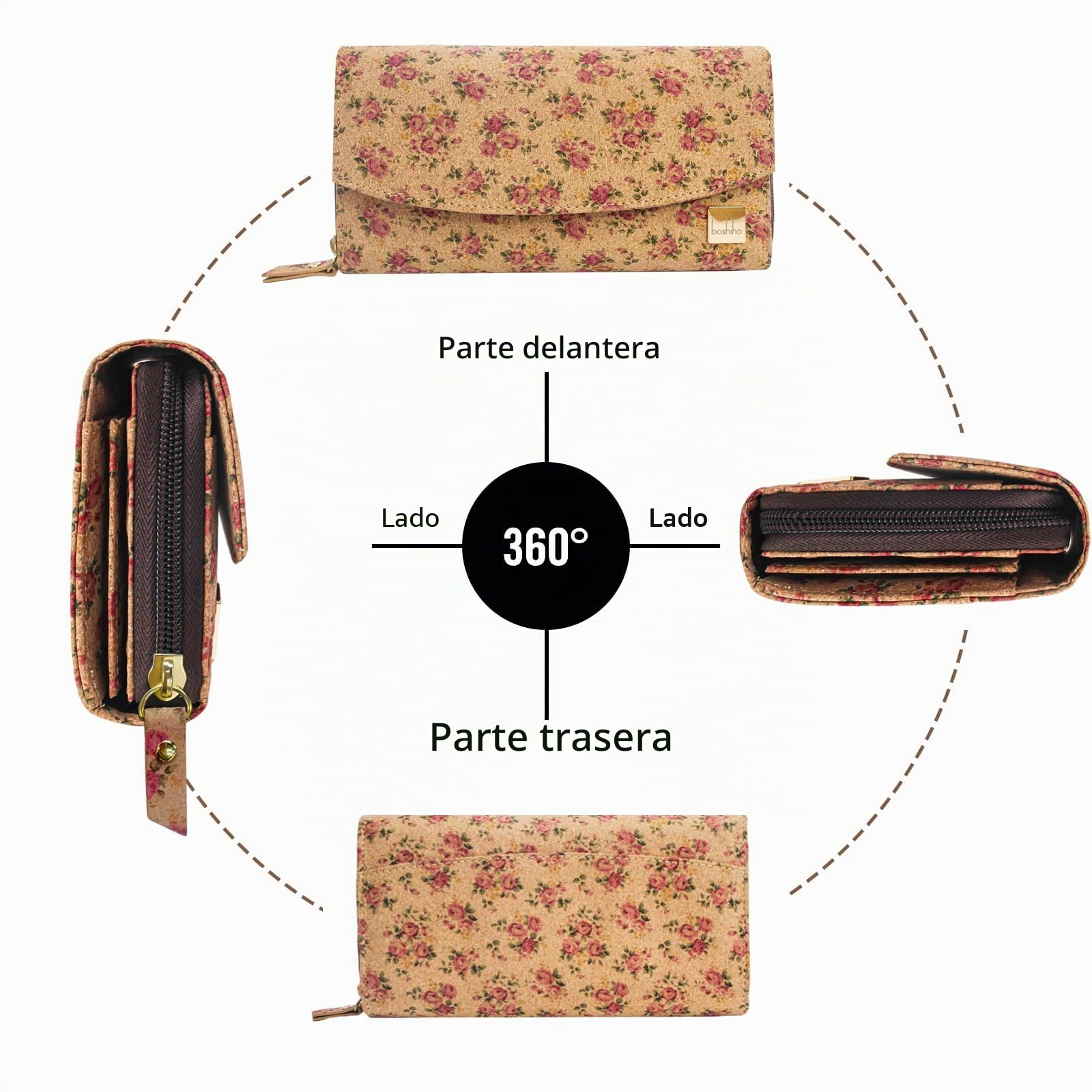 boshiho Monedero de Corcho Vegano para Mujer, Gran Capacidad con Cremallera, Portatarjetas, Bolsillo para Monedas, Compatible con Teléfono Inteligente, 100% Libre de Animales (Cork 2)