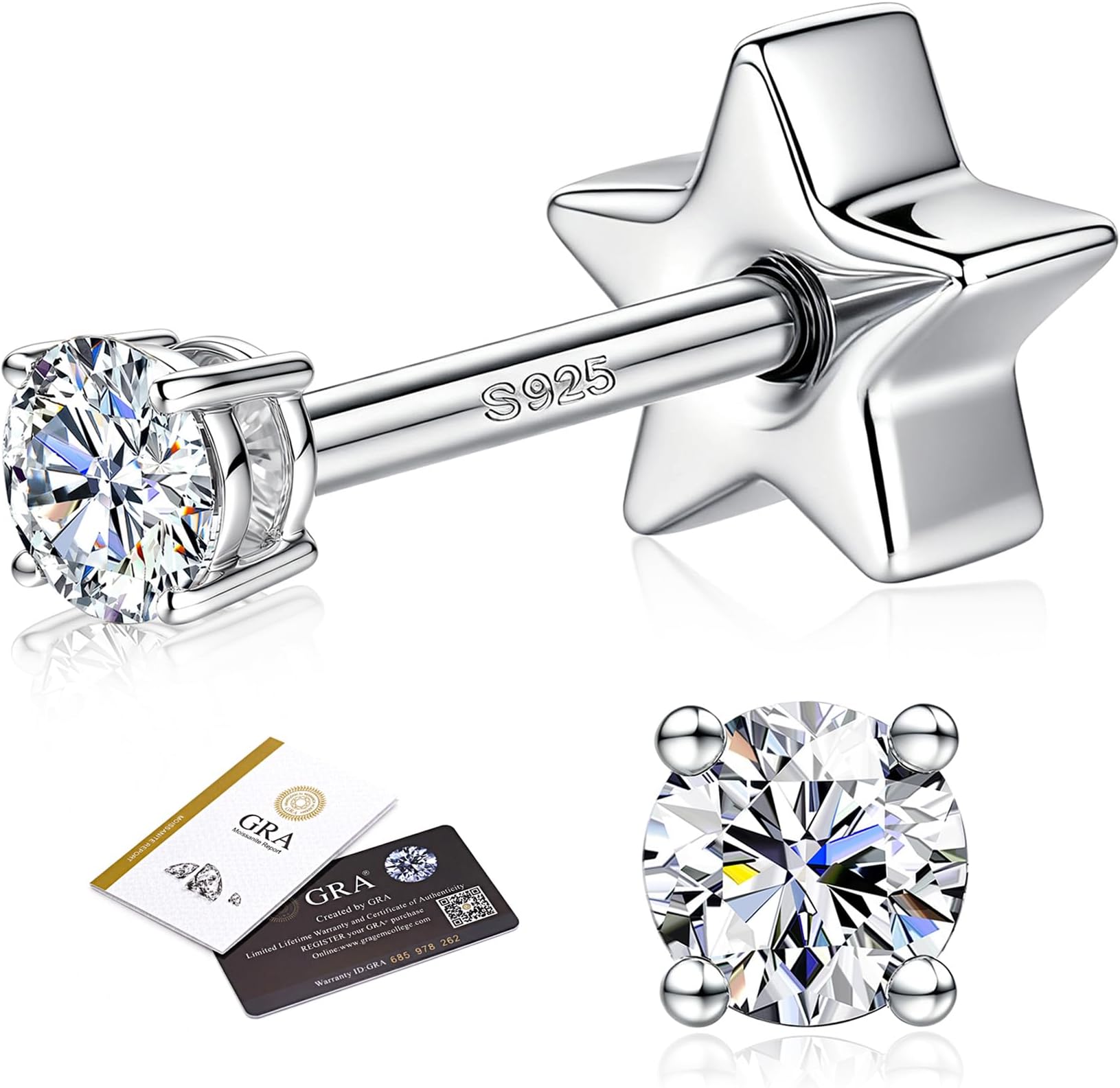 Moissanite Earrings Studs - 925 Sterling Silver Earrings for Women Men 14K Gold Plated Double Sided Star Flat Back Stud Earring Hypoallergenic Small Cartilage Helix Piercing Jewelry D Color VVS1