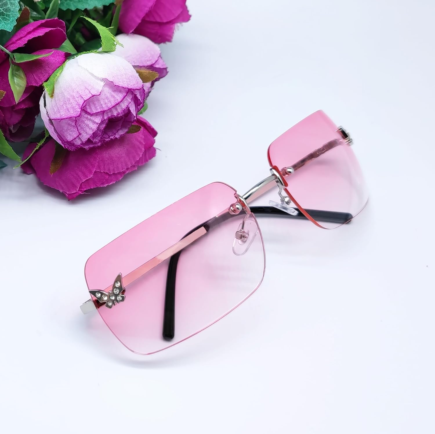 Rimless Y2K Sunglasses for Women Men Fashion Wrap Around Sunglasses Tinted Lens 2000s Sun Glasses Shades Butterfly - Image 2