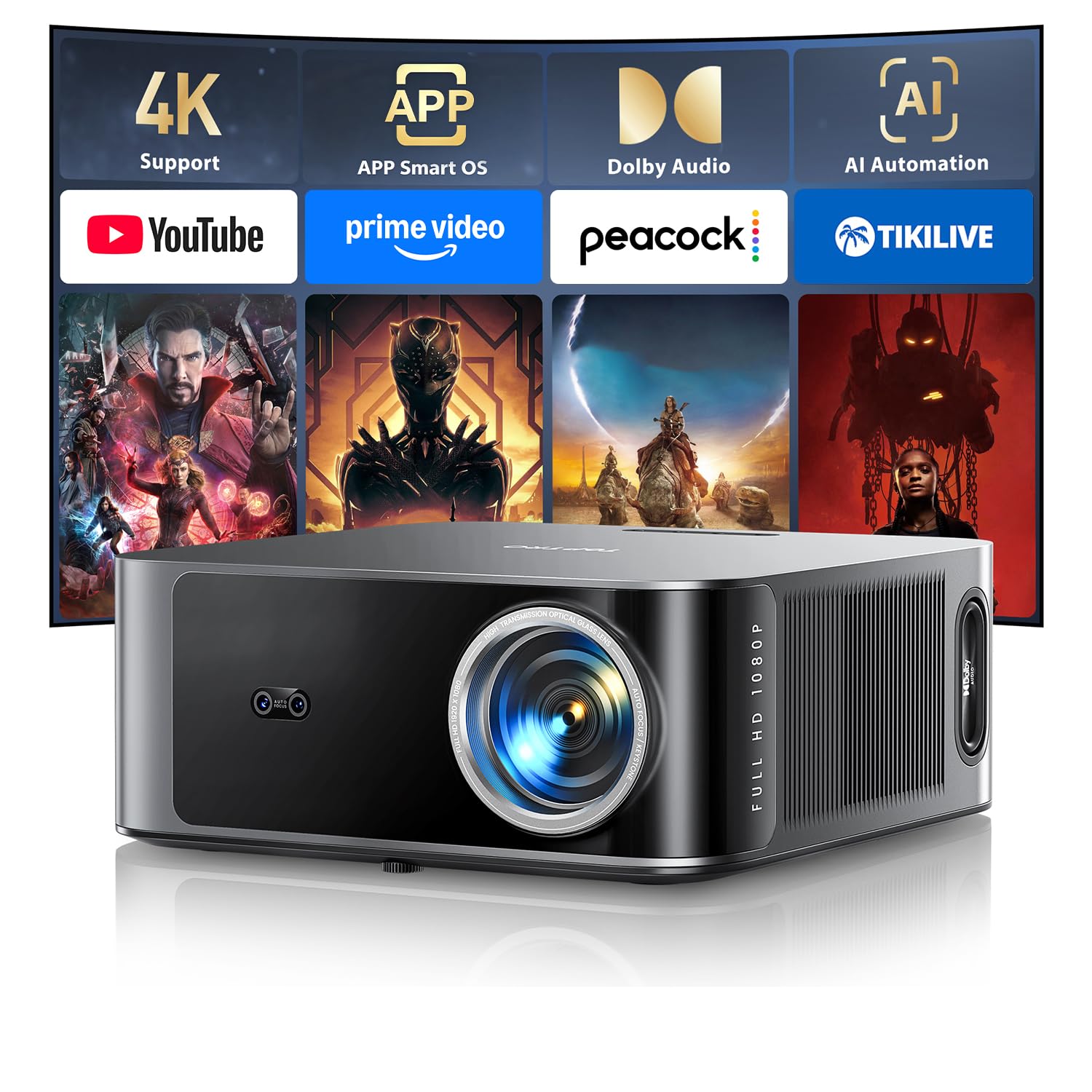 4K projector with Netflix, bright display, powerful audio