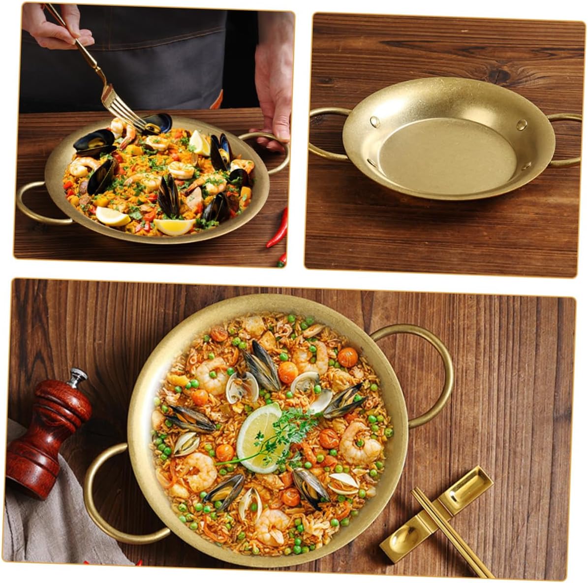 SEWACC Stainless Steel Spanish Paella Pan 20.5cm Vintage Gold Double Handle round Serving Platter for Home Cooking and Rice Roll Steamer Use