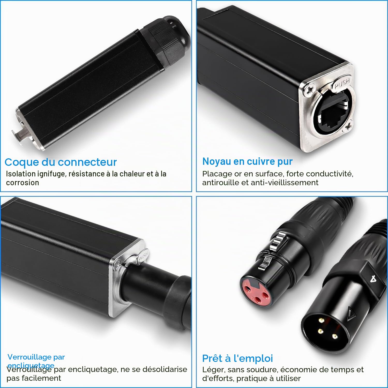XMSJSIY Lot de 2 rallonges XLR 4 canaux 3 broches vers câble Ethercon pour DMX512 XLR mâle/femelle vers RJ45 femelle sur câble tressé Cat5/6/6e