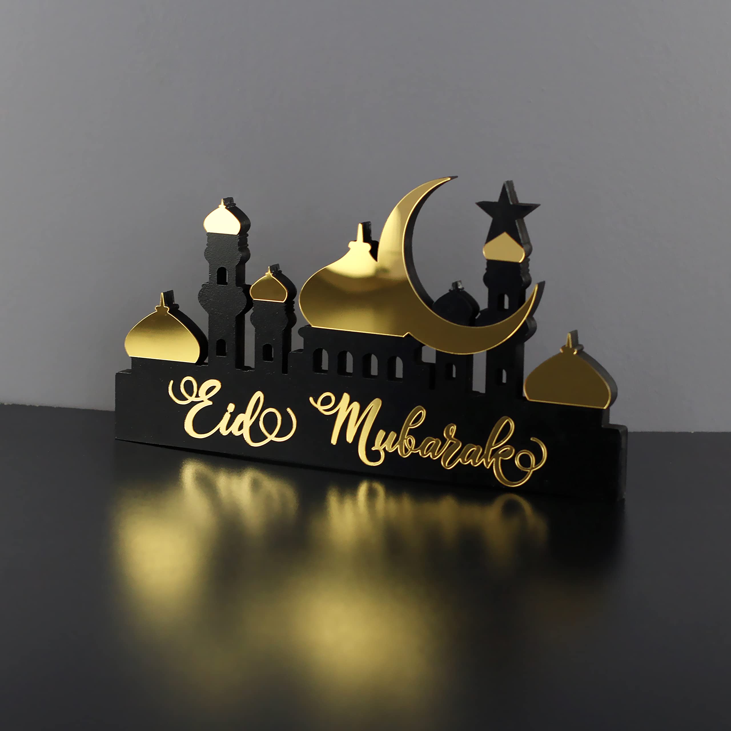 Iwa Concept Gold | Wooden Acrylic Islamic Tabletop Decor | Ramadan Kareem & Eid Mubarak Decoration | Islamic Muslim Gifts | (Eid Mubarak-5, )