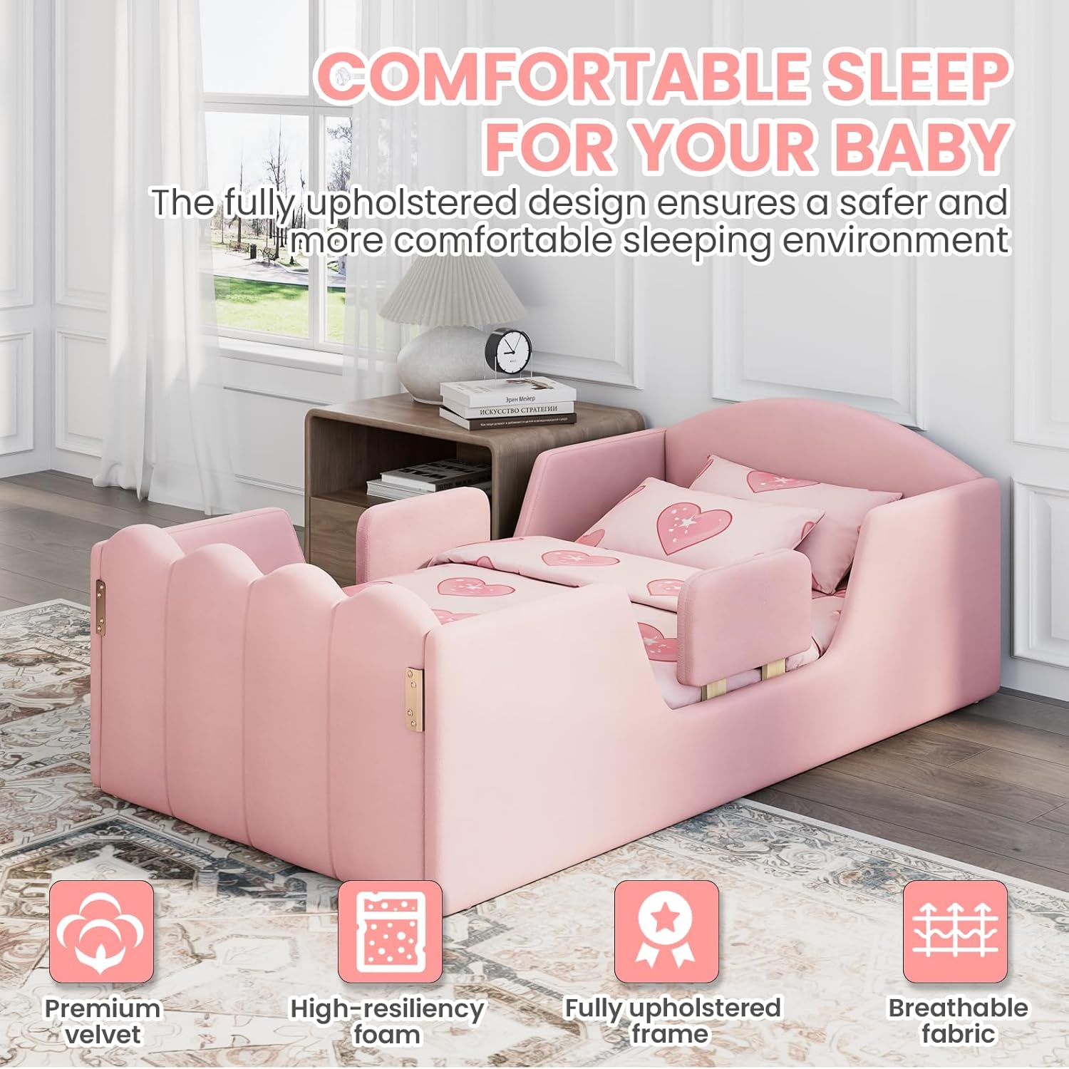 EROMMY Toddler Bed, Child Bed for Kids with Extra Safety Broad, Standard Crib Size Toddler Bed, Certified Fabric Toddler Beds,Toddler Flood Bed No Mattress(Pink)