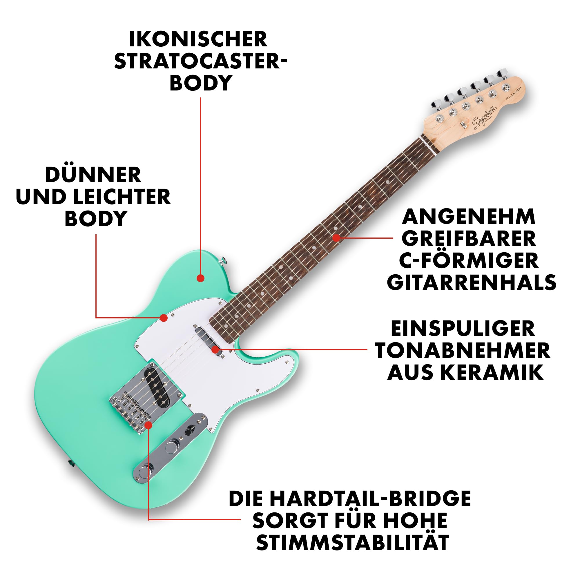 Squier by Fender Debut Collection Telecaster E-Gitarre, Laurel-Griffbrett, Weißes Schlagbrett, Seafoam Green