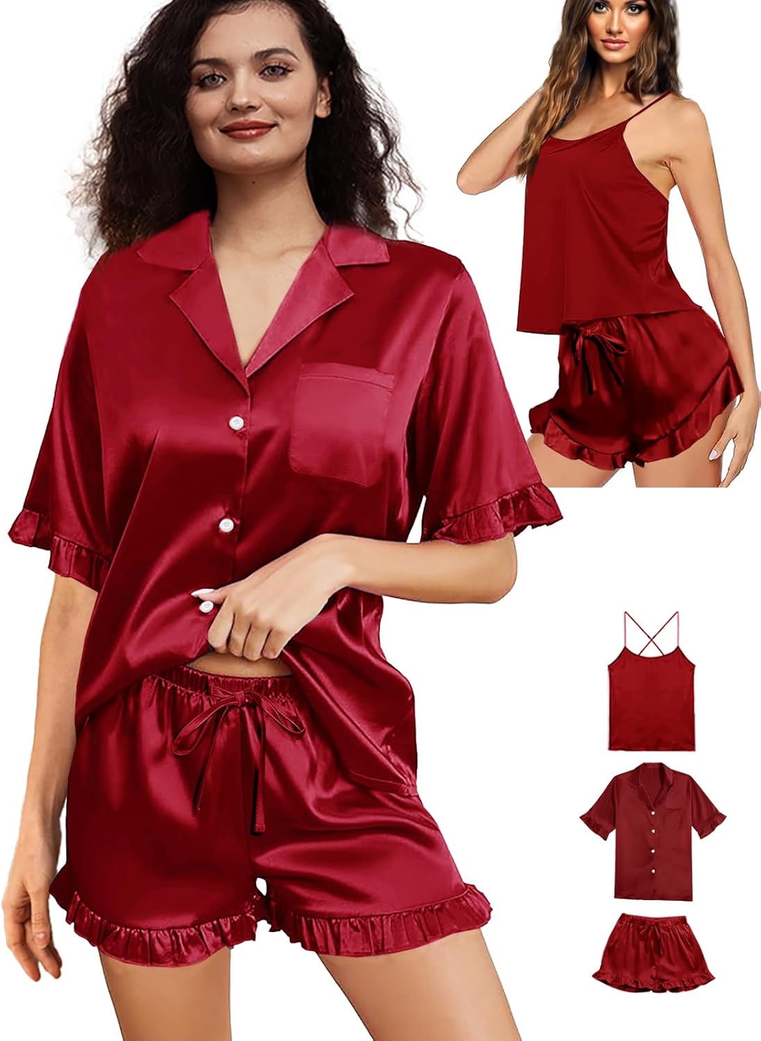 3Pcs Womens Ruffle Satin Pajama Sets XS-4XL Silk Pajamas Set Sexy Cami Tops Silky Pj Sets Sleepwear Nightwear - Image 6