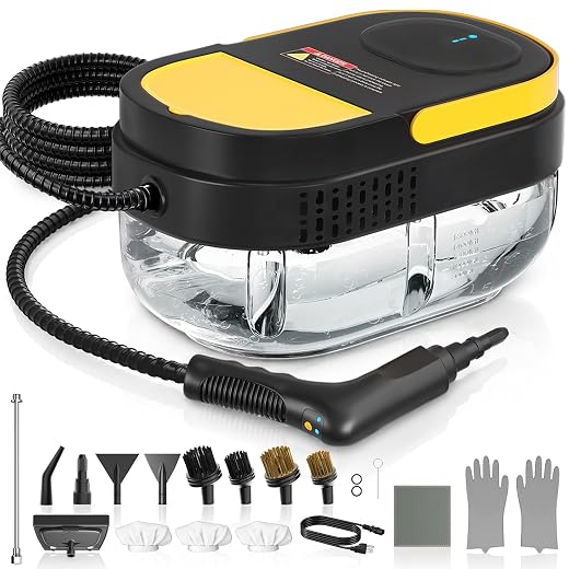Gautye Steam Cleaner, 3 Level Adjustable Handle with 15 Accessories, Black | 15s Heat Up, 1.69 Quarts Tank, Handle Steam Cleaner for Home, Steamer for Cleaning for Kitchen, Grout, Dirt, Tile, Floor, Car